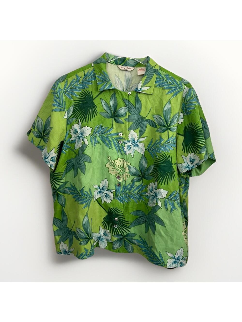 Tommy Bahama 100% Silk Floral Tropical Hibiscus Shirt XL Green Blue Vacation